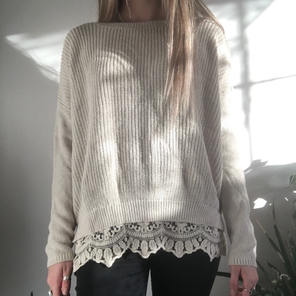 Cream colored Pins and Needle oversized knit sweater with lace trim